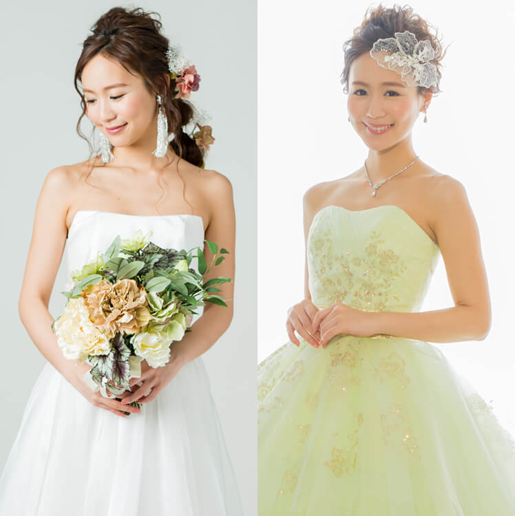 白いウェディングドレスを着ている花嫁と、黄色のウェディングドレスを着ている花嫁を並列で見せたイメージ