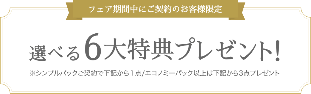 フェア期間中にご契約のお客様限定 選べる6大特典プレゼント! ※シンプルパックご契約で下記から1点/エコノミーパック以上は3点プレゼント