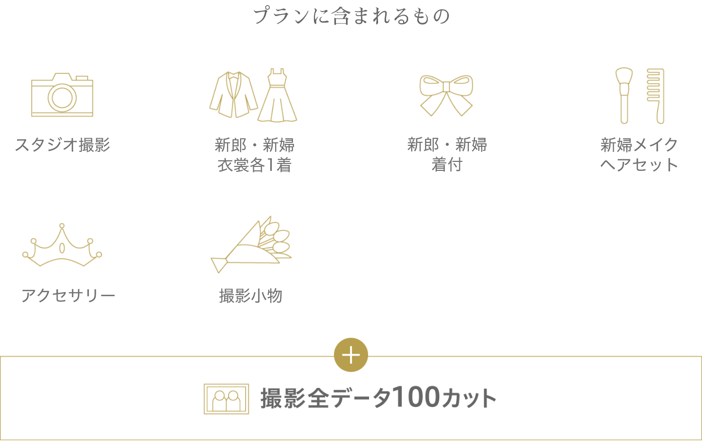 スタジオ撮影・新郎新婦衣裳各1着・新郎新婦着付・新婦メイクヘアセット・アクセサリー・撮影小物＋撮影全データ100カット