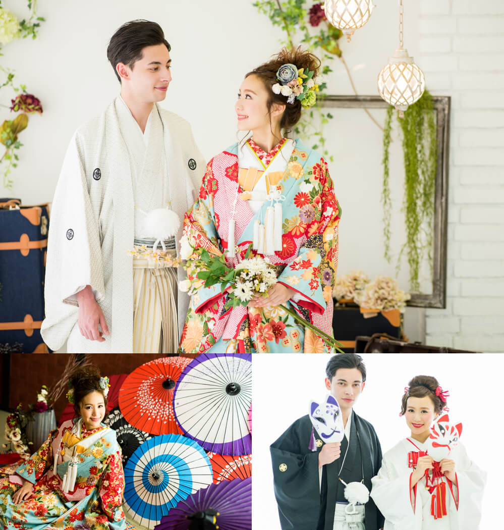 明るいスタジオでポーズをとる和装の花嫁と新郎や、鮮やかな和傘をバックに和の雰囲気漂うスタジオで水色の和装姿でポーズをとる花嫁の写真を組み合せたイメージ