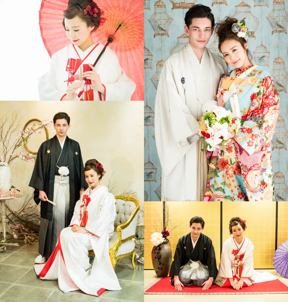 赤い和傘をもって立つ和装の白無垢の花嫁や、金屏風の前で慎ましく正座する和装の花嫁と新郎の写真を組み合せたイメージ