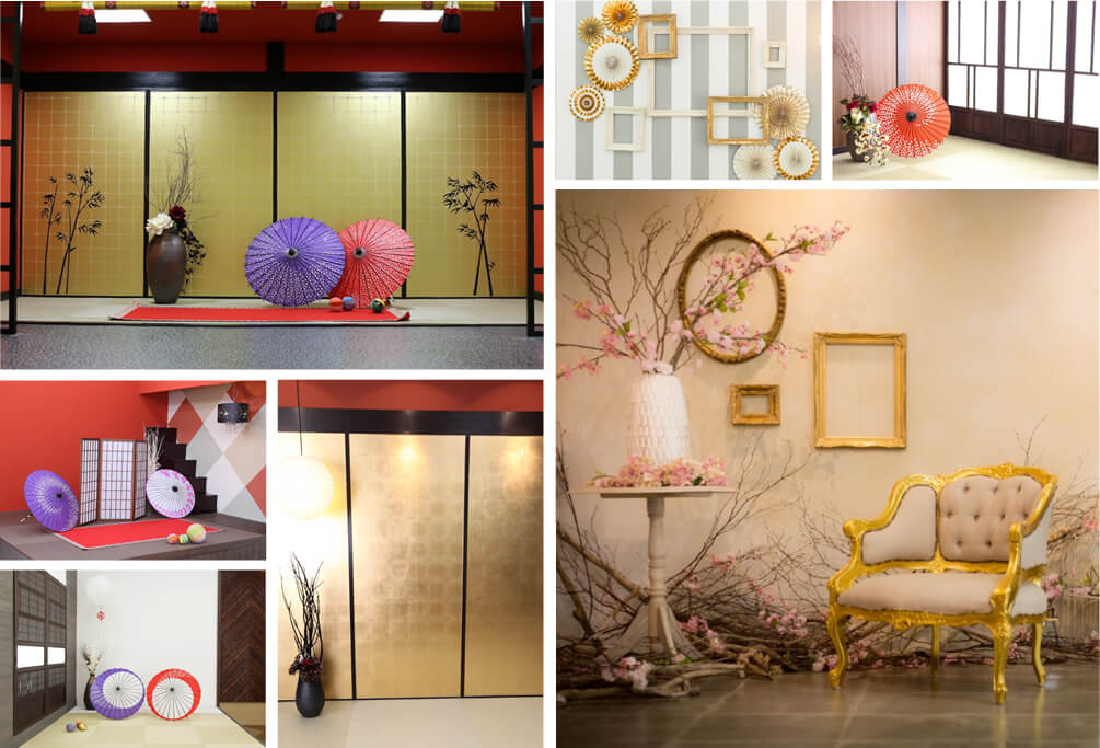 金屏風や唐傘があるスタジオ、洋風な趣の中に桜が配されたスタジオといった和装にピッタリあうスタジオを集めたイメージ
