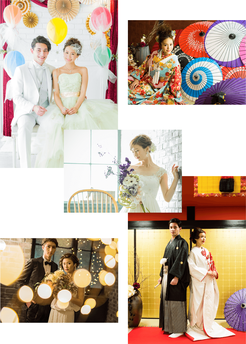 鮮やかな和装を着た花嫁と紋付姿の新郎の写真や、ウェディングドレスを着ている花嫁とタキシード姿の新郎の写真を組み合わせた、名古屋を中心に展開するマイブライドのフォトウェディング撮影のイメージ
